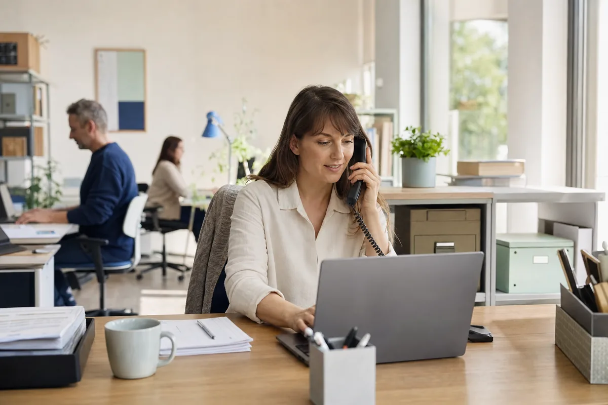 A service employee records a customer enquiry by phone in a bright office