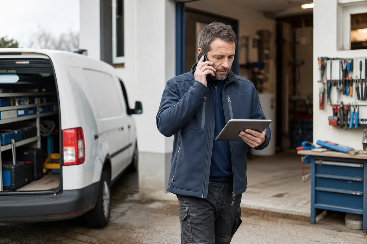A tradesperson takes a new service request by phone outside a workshop