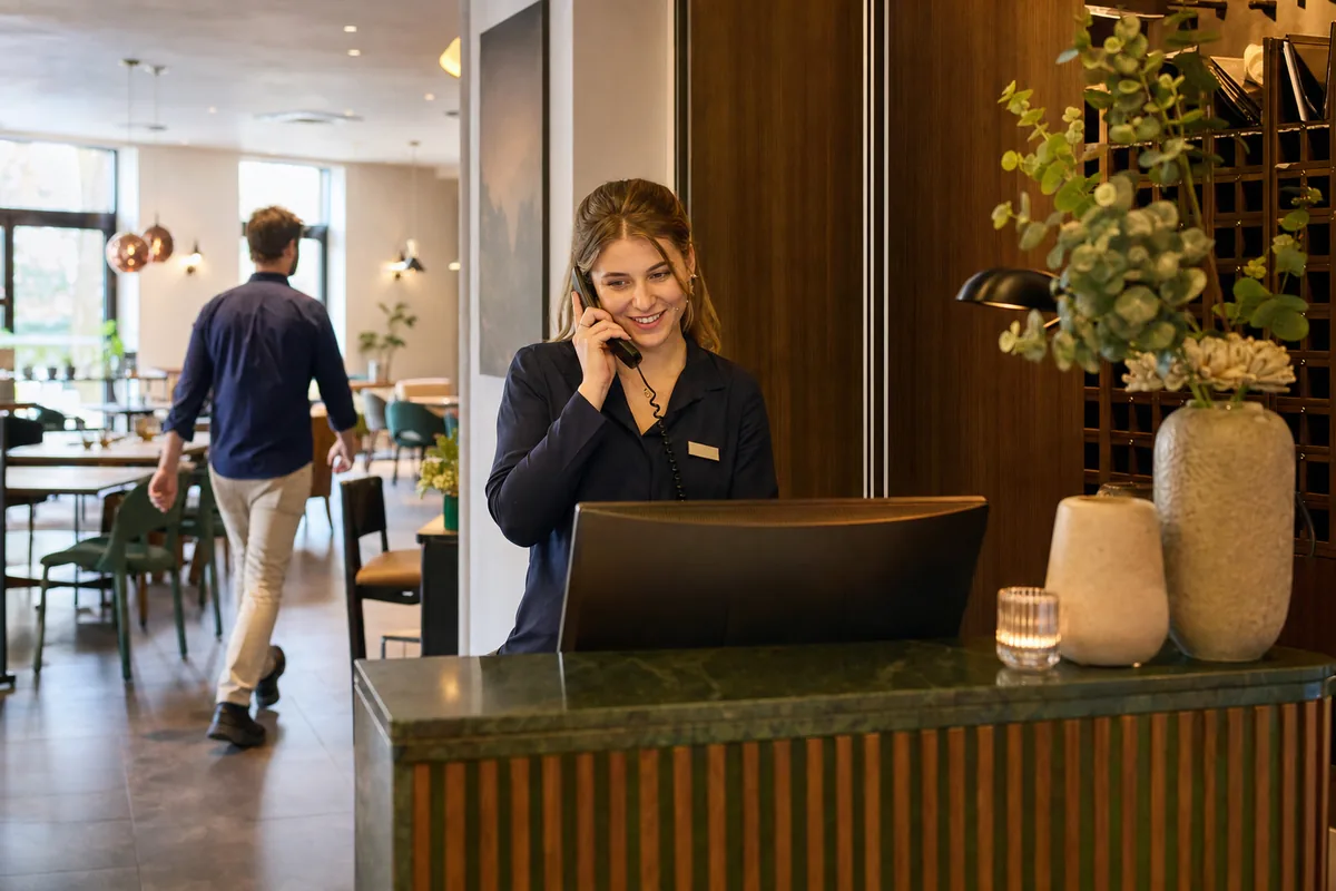 A receptionist answers a phone call at a hotel front desk